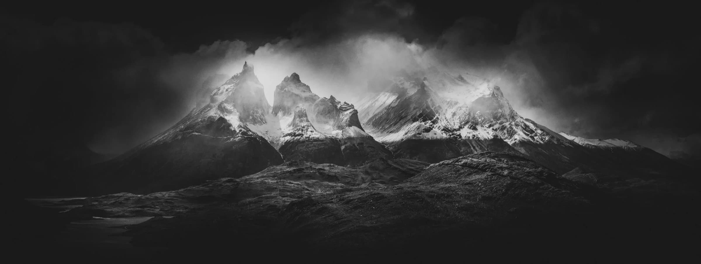 The Paine massif in Patagonia under storm light, in black and white